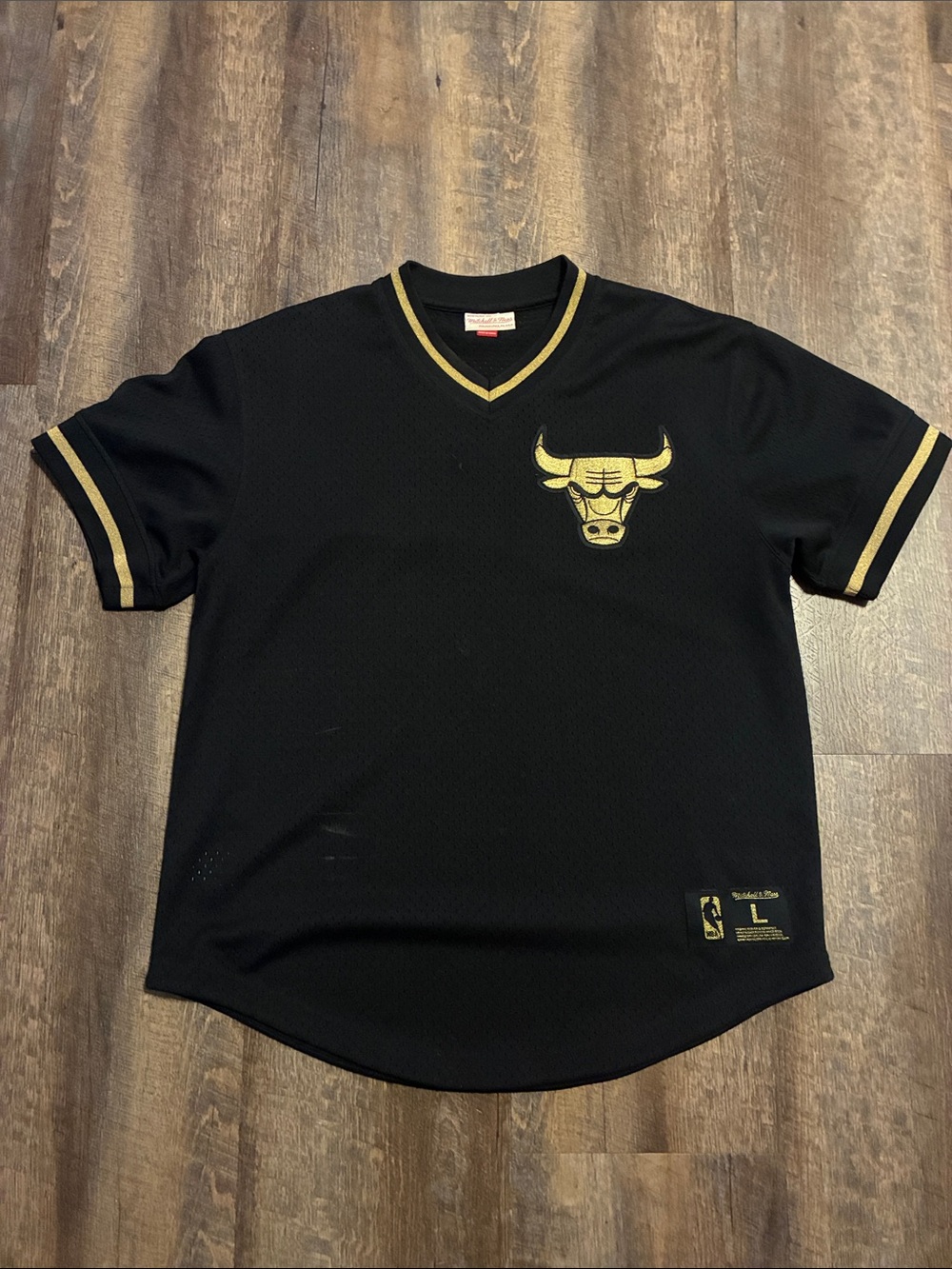 Mitchell & Ness Black V-Neck Bulls Jersey with Gold Trim